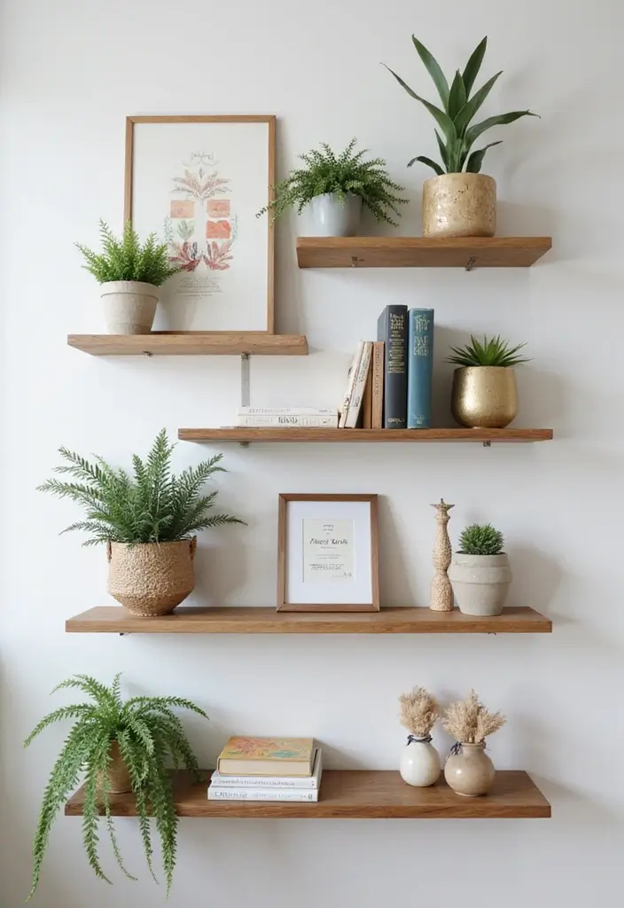 25+ Aesthetic Room Wall Ideas for a Cozy Trendy Space - 11. Floating Shelves with Accents