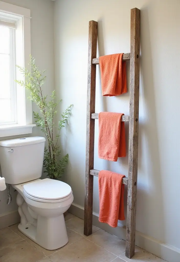 25+ Bathroom Storage Ideas to Declutter and Beautify Your Space - 16. Decorative Ladder as Towel Rack