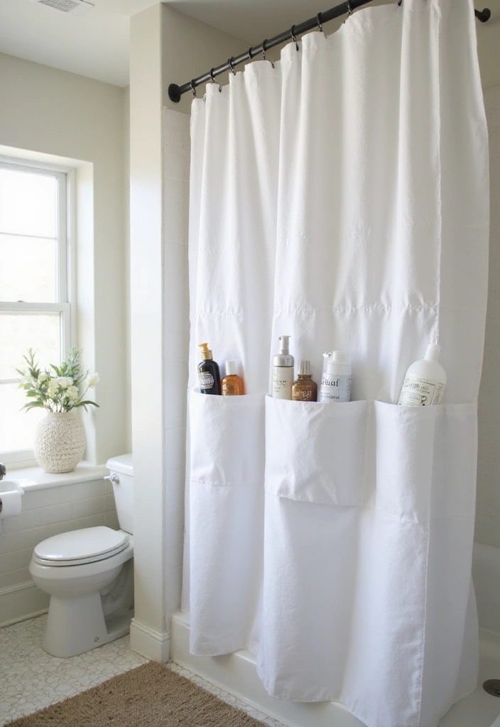 25+ Bathroom Storage Ideas to Declutter and Beautify Your Space - 19. Eco-Conscious Shower Curtains with Storage