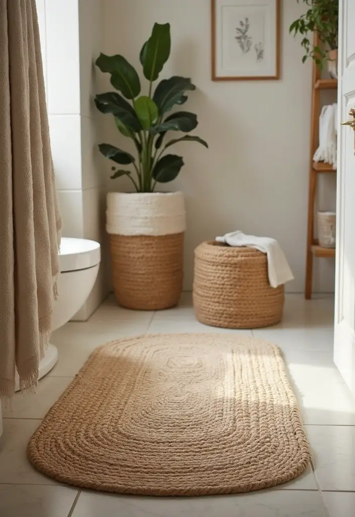 25+ Bathroom Storage Ideas to Declutter and Beautify Your Space - 25. Natural Fiber Rugs