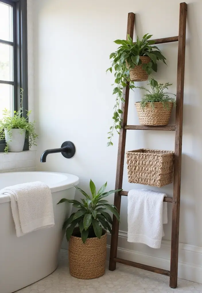25+ Bathroom Storage Ideas to Declutter and Beautify Your Space - 8. Stylish Ladder Storage