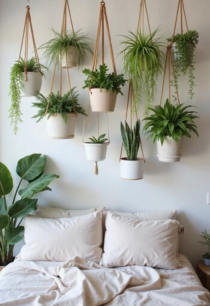 25+ Bedroom Wall Ideas That Make Your Space Feel Special - 21. Artistic Hanging Plants