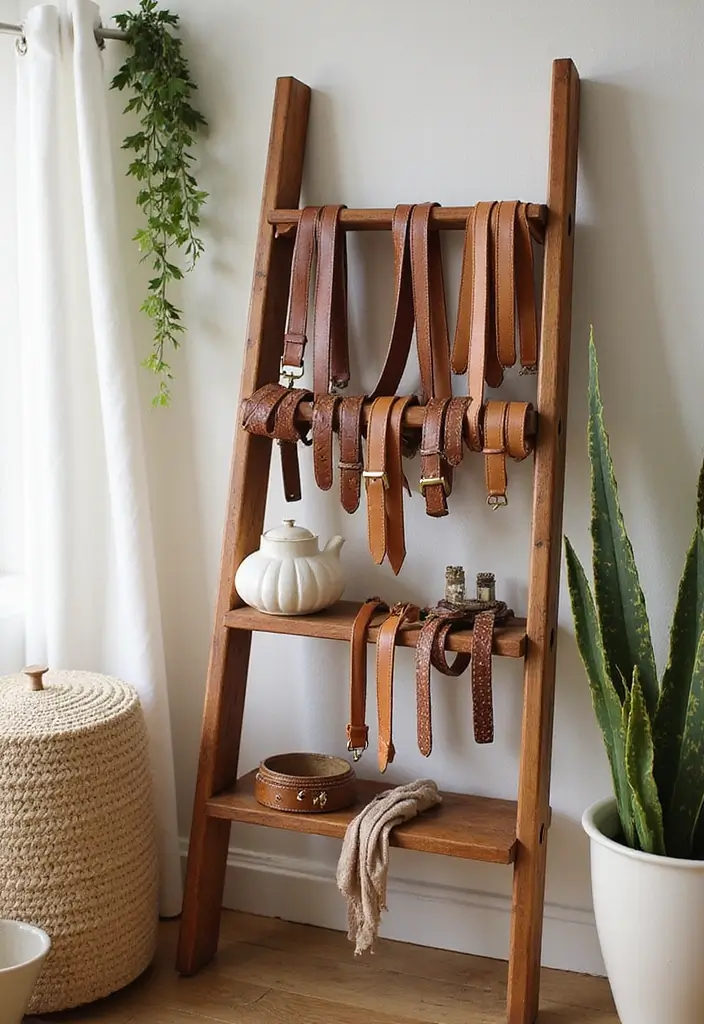 25+ Belt Storage Ideas to Organize Your Accessories Easily - 21. Ladder Shelf Storage