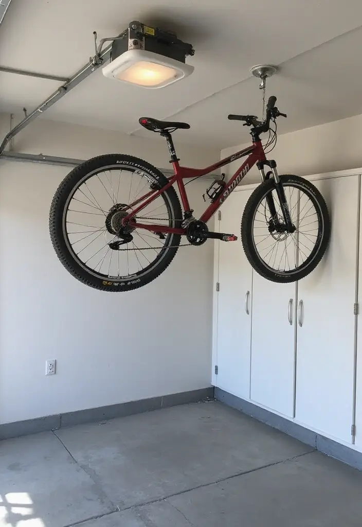 25+ Bike Storage Ideas for Indoors and Outdoors - 12. Ceiling-Mounted Bike Hoist