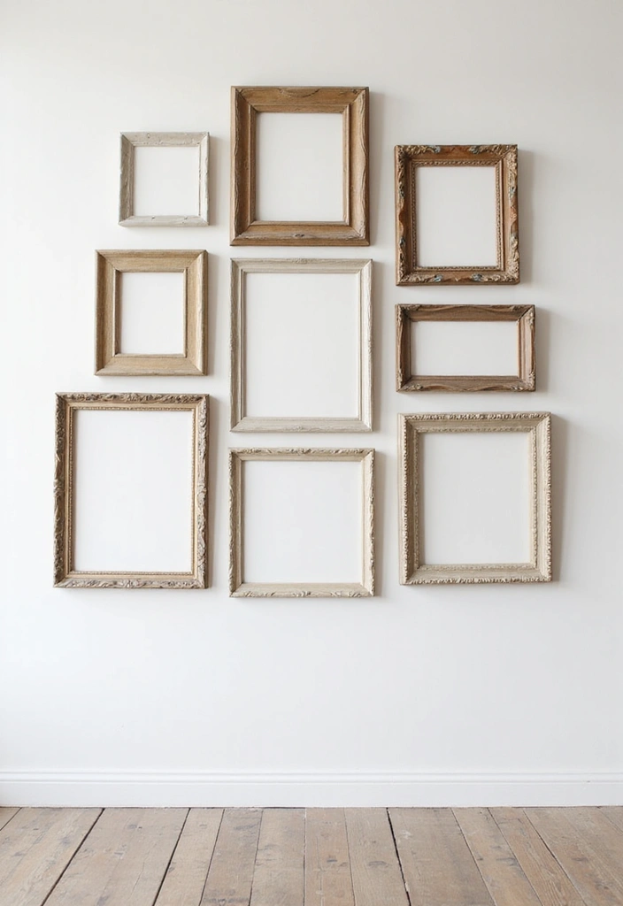 25+ Blank Bedroom Wall Ideas to Fill Empty Space Beautifully - 12. Vintage Frames Arrangement