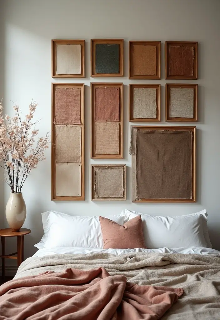 25+ Blank Bedroom Wall Ideas to Fill Empty Space Beautifully - 16. Fabric Swatches Display