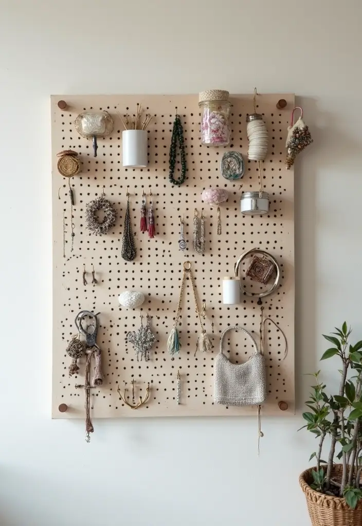 25+ Blank Bedroom Wall Ideas to Fill Empty Space Beautifully - 17. Functional Pegboard