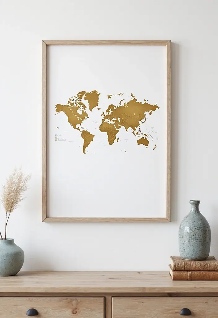 25+ Blank Bedroom Wall Ideas to Fill Empty Space Beautifully - 20. Minimalist Map Art