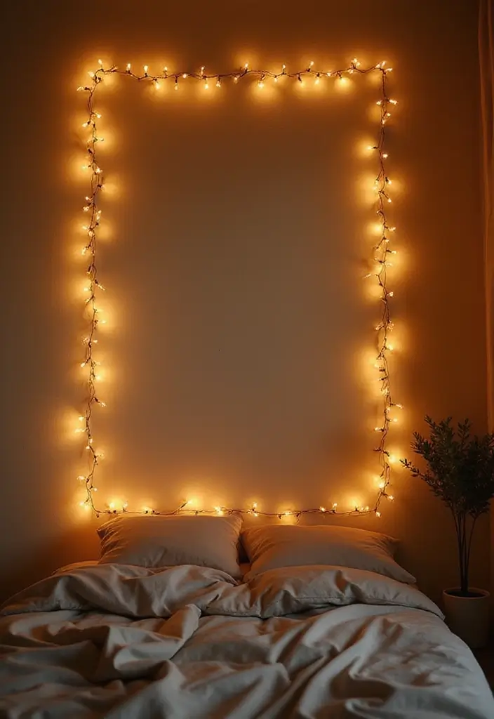 25+ Blank Bedroom Wall Ideas to Fill Empty Space Beautifully - 21. DIY String Light Backdrop