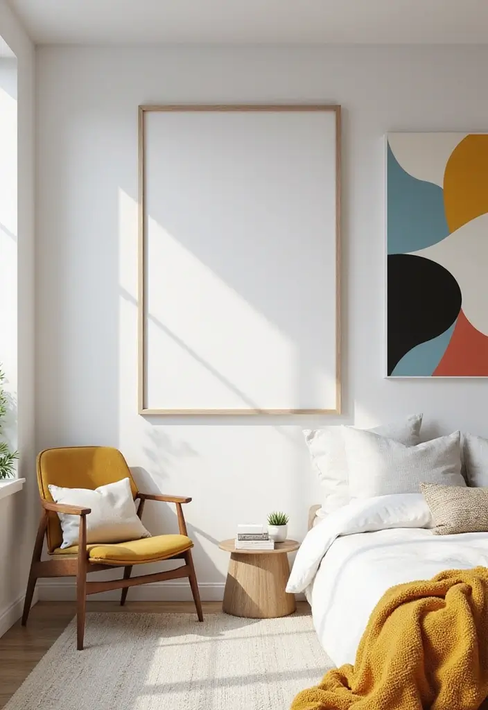 25+ Blank Bedroom Wall Ideas to Fill Empty Space Beautifully - 22. Artwork with Geometric Shapes