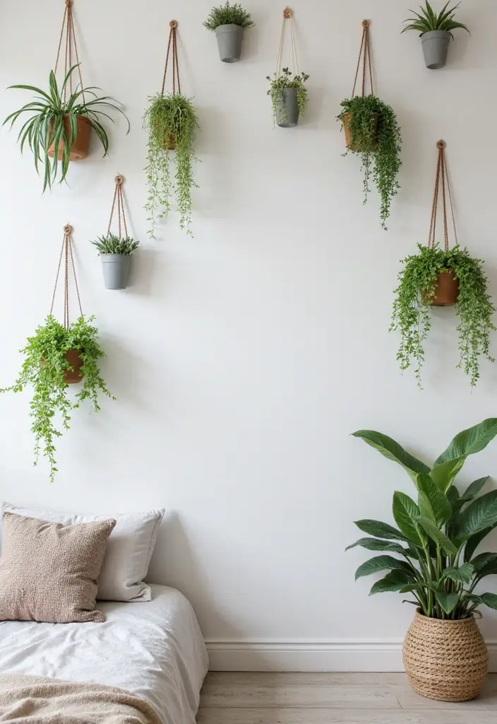 25+ Blank Bedroom Wall Ideas to Fill Empty Space Beautifully - 24. Hanging Plant Wall