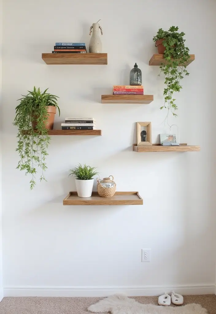 25+ Blank Bedroom Wall Ideas to Fill Empty Space Beautifully - 3. Floating Shelves with Decor