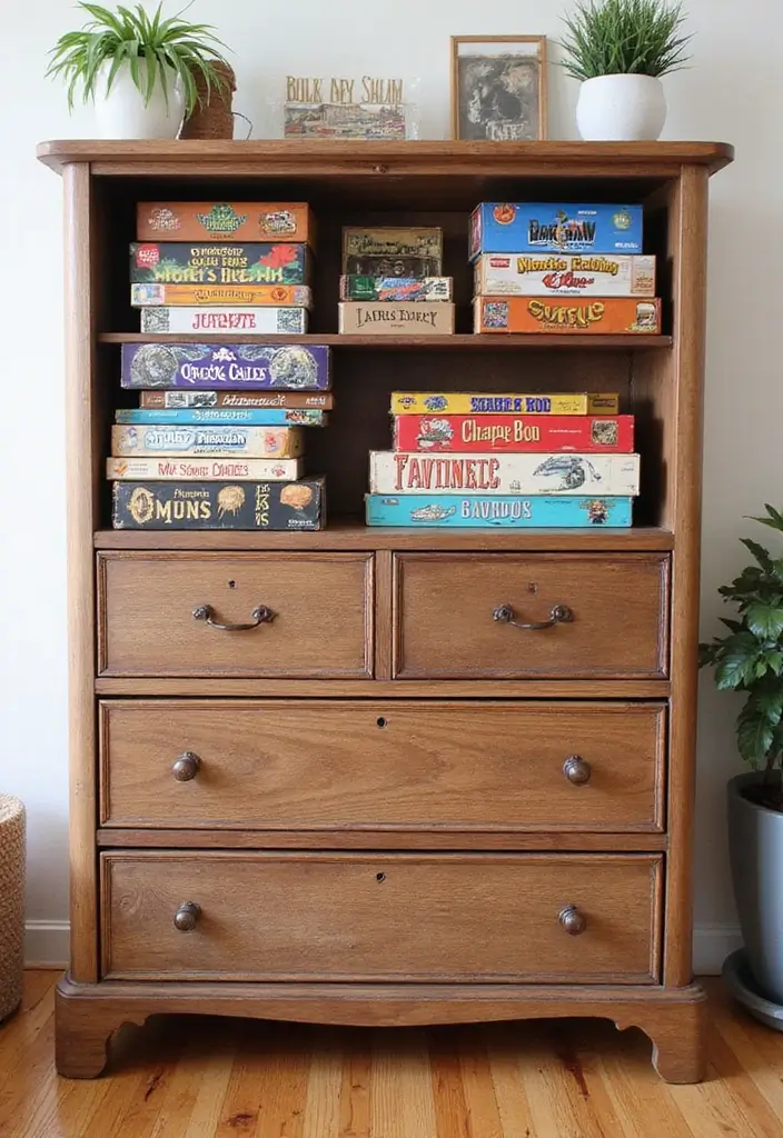 25+ Board Game Storage Ideas to Keep Family Nights Organized - 20. Upcycled Furniture for Storage
