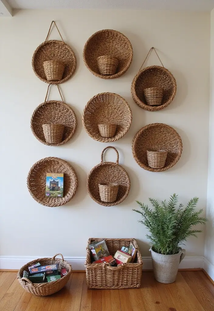 25+ Board Game Storage Ideas to Keep Family Nights Organized - 23. Basket Wall Display