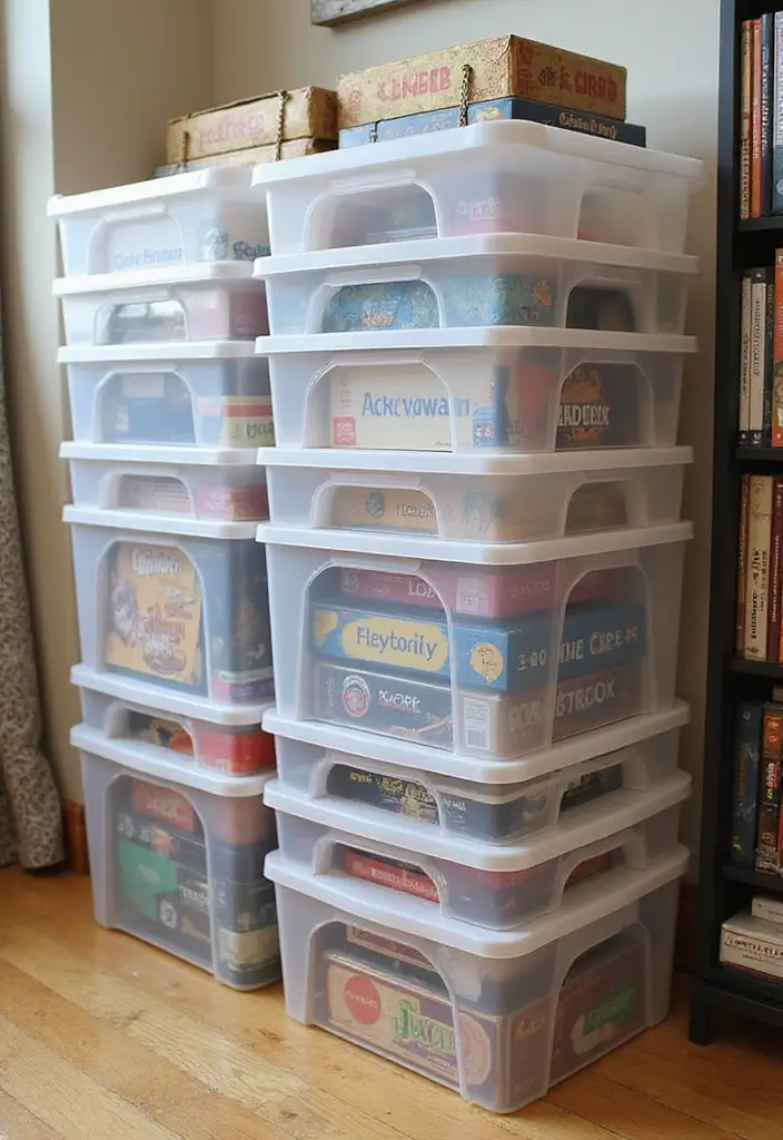 25+ Board Game Storage Ideas to Keep Family Nights Organized - 7. Clear Storage Boxes