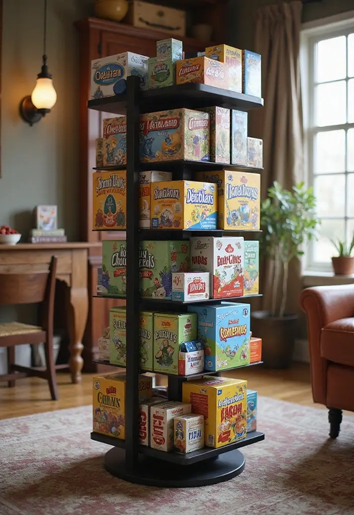 25+ Board Game Storage Ideas to Keep Family Nights Organized - 8. Rotating Game Rack