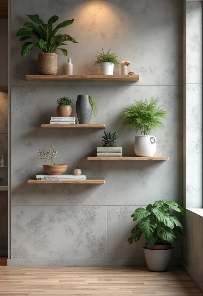 25+ Cement Wall Ideas for an Industrial Modern Feel - 2. Cement Wall with Shelving