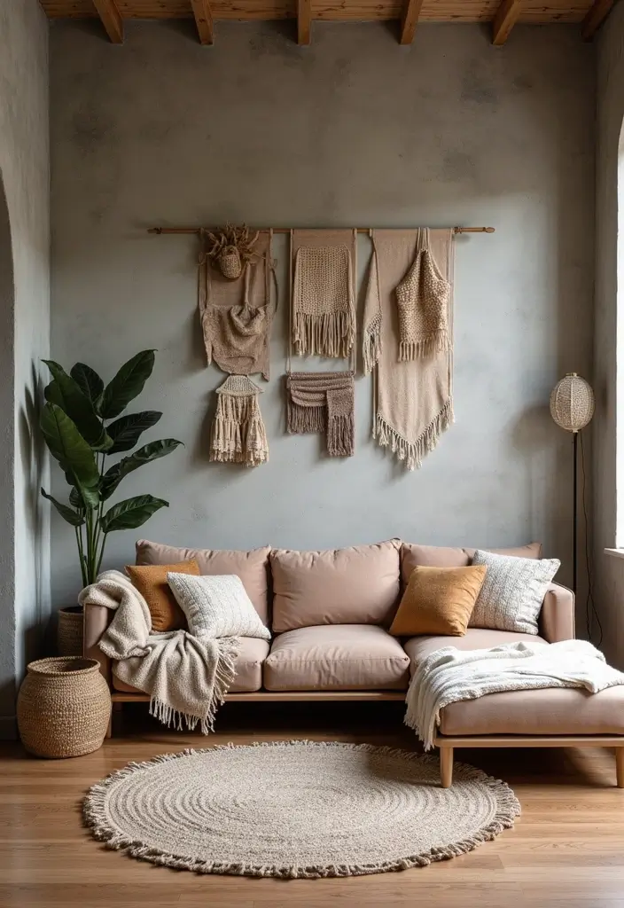 25+ Cement Wall Ideas for an Industrial Modern Feel - 20. Concrete Wall with Cozy Textiles