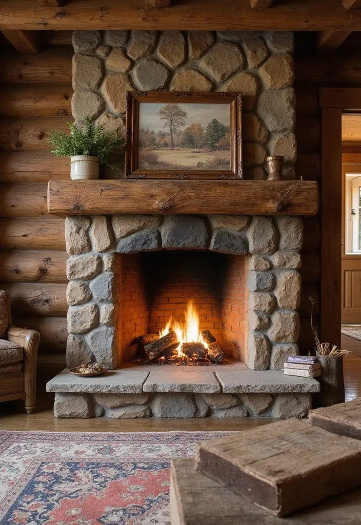 25+ Chimney Wall Ideas That Elevate Your Fireplace Design - 11. Rustic Log Cabin Style