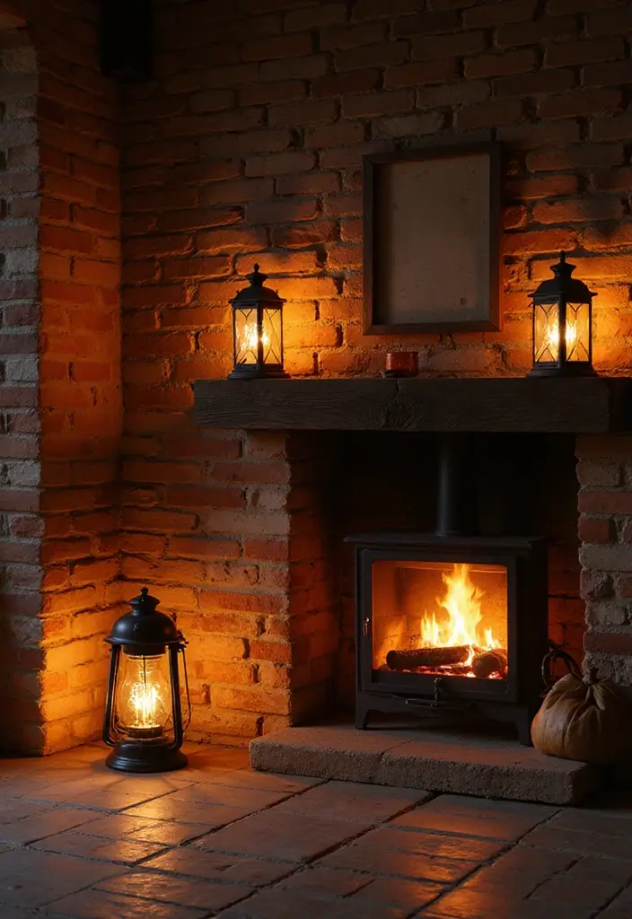 25+ Chimney Wall Ideas That Elevate Your Fireplace Design - 15. Lantern Lighting for Ambiance