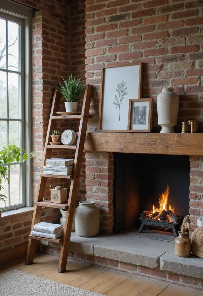25+ Chimney Wall Ideas That Elevate Your Fireplace Design - 17. Rustic Ladder for Decor Display