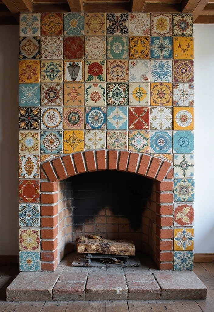 25+ Chimney Wall Ideas That Elevate Your Fireplace Design - 6. Vintage Tiles for a Pop of Color