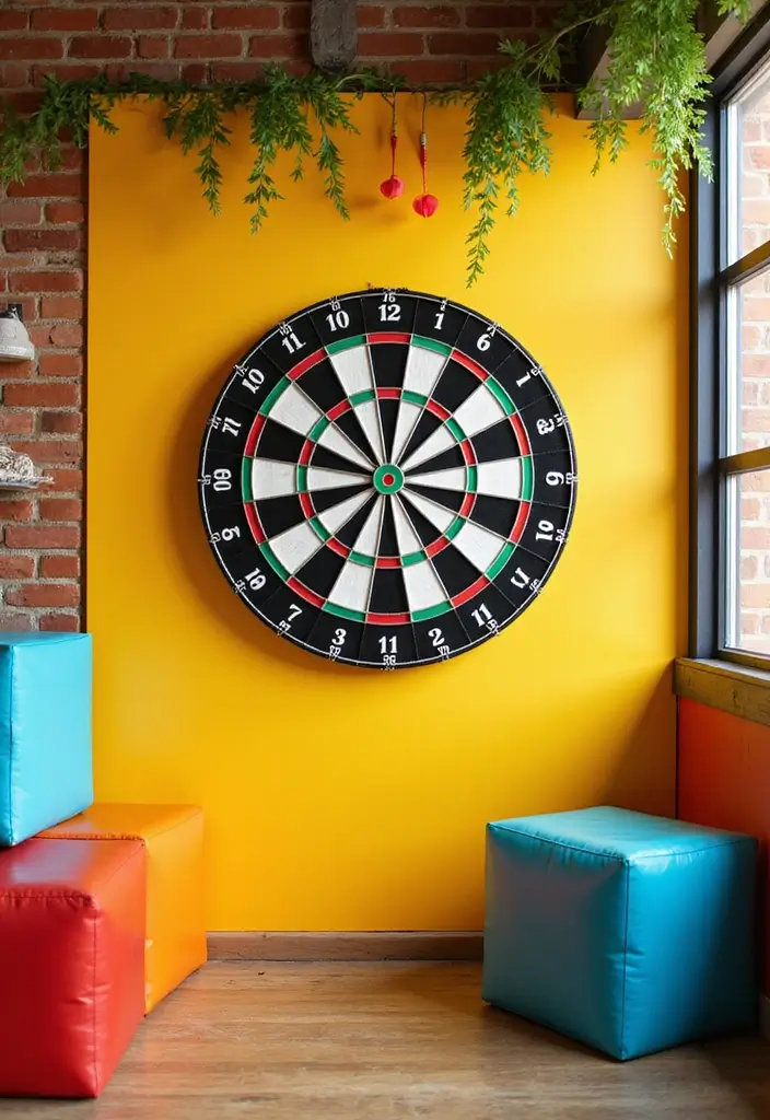 25+ Dart Board Wall Ideas That Protect and Look Cool 65 25+ Dart Board Wall Ideas That Protect and Look Cool - 10. Colorful Dartboard Accents