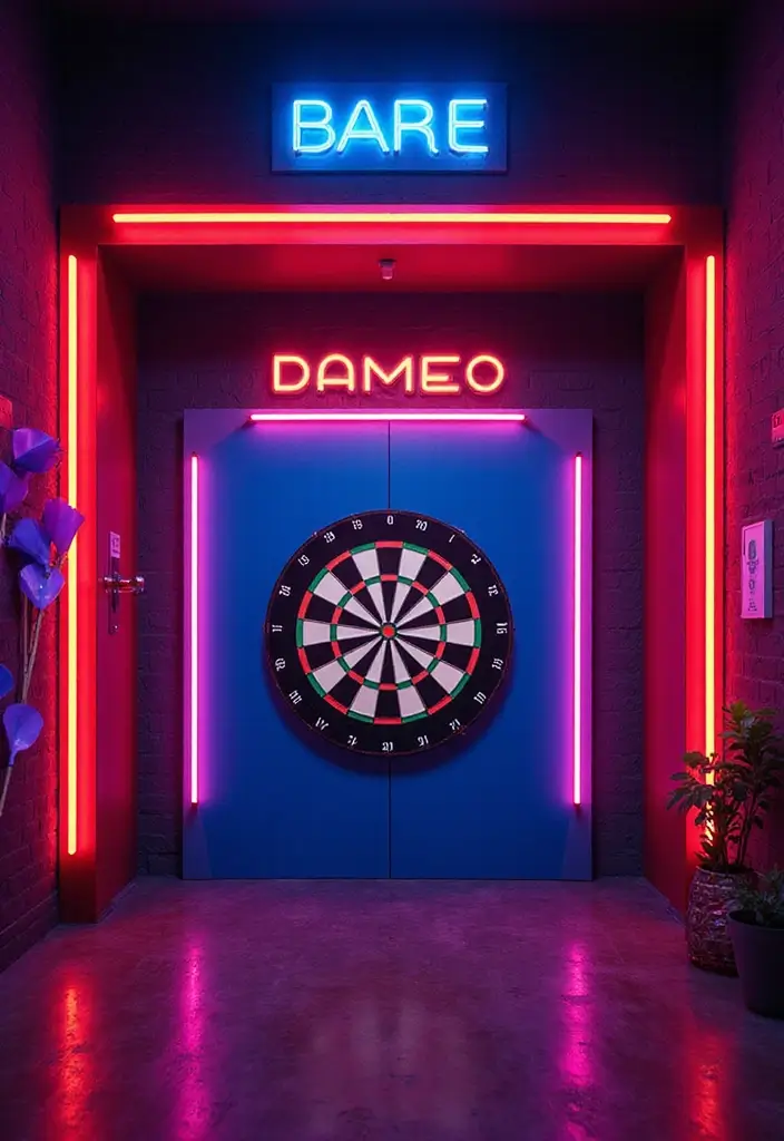 25+ Dart Board Wall Ideas That Protect and Look Cool 139 25+ Dart Board Wall Ideas That Protect and Look Cool - 22. Retro Neon Accents