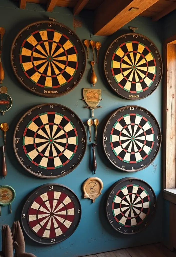 25+ Dart Board Wall Ideas That Protect and Look Cool 37 25+ Dart Board Wall Ideas That Protect and Look Cool - 6. Vintage Dartboard Collection Display