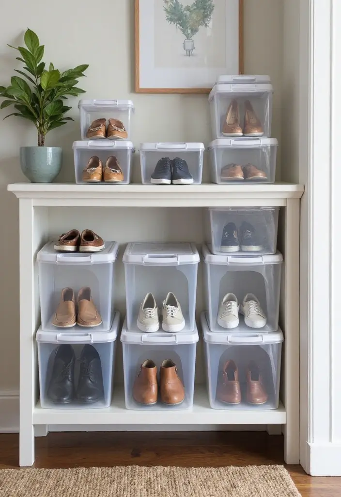 25+ Entryway Shoe Storage Ideas to Keep Things Tidy - 11. Clear Storage Boxes