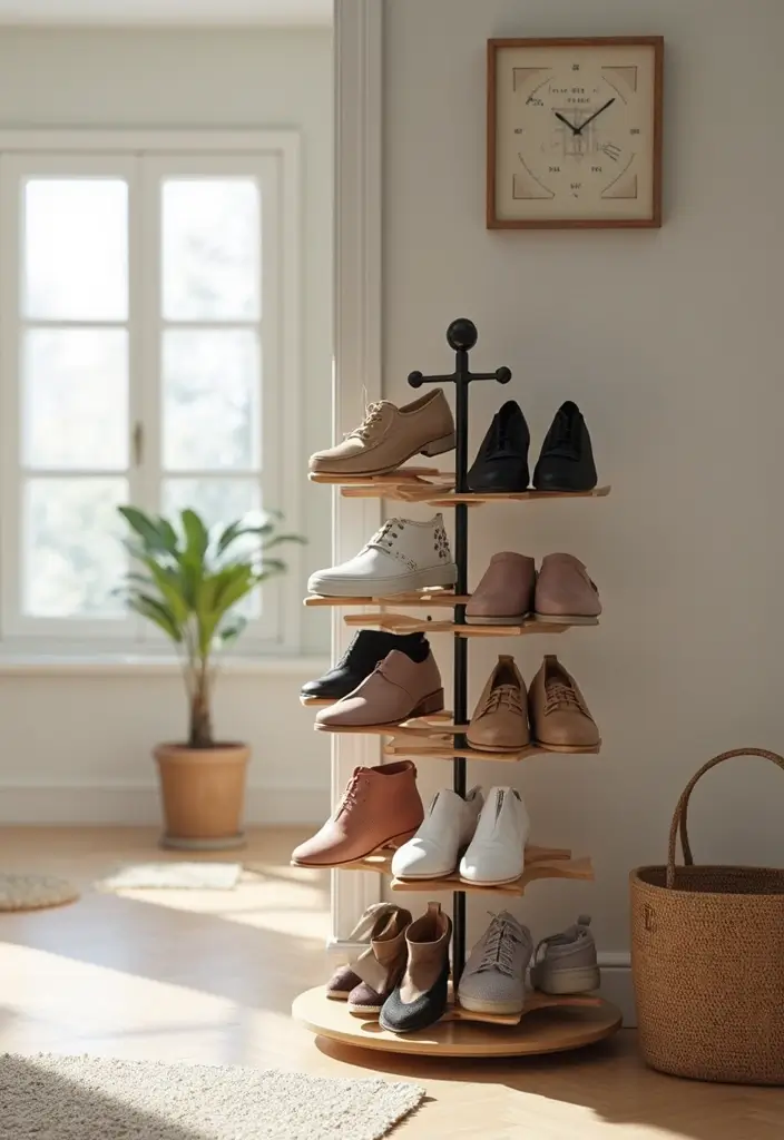 25+ Entryway Shoe Storage Ideas to Keep Things Tidy - 21. Rotating Shoe Rack