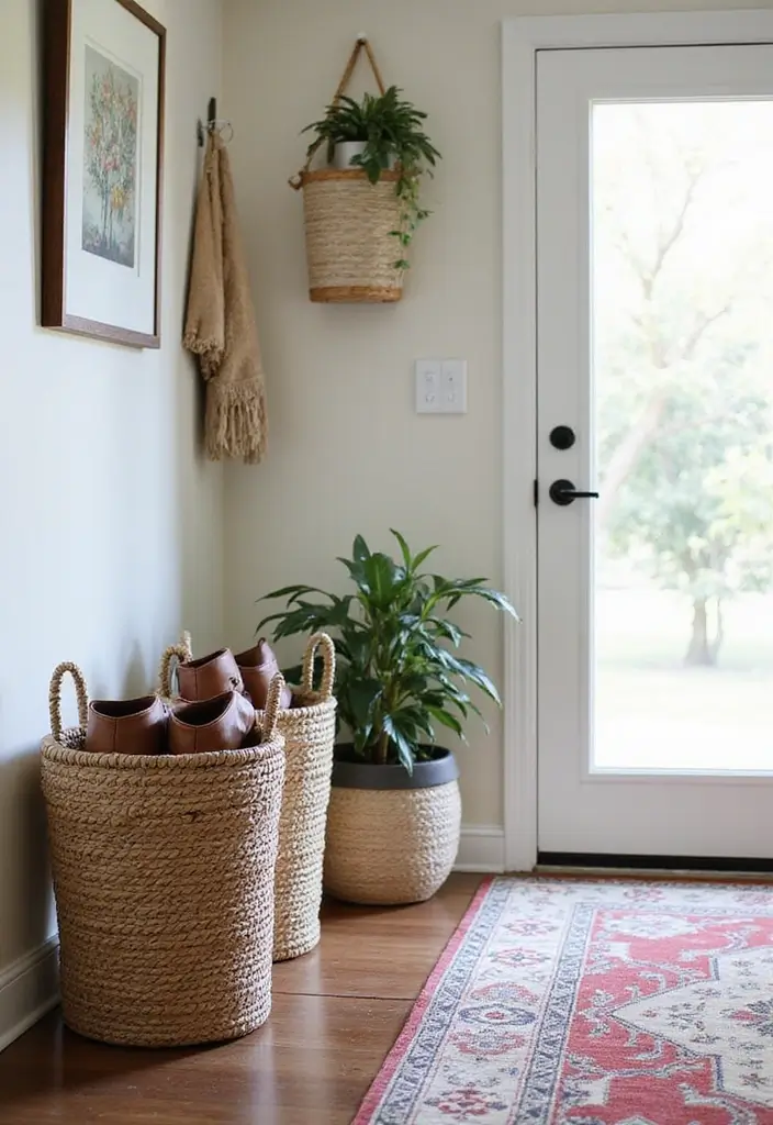 25+ Entryway Shoe Storage Ideas to Keep Things Tidy - 5. Decorative Shoe Baskets