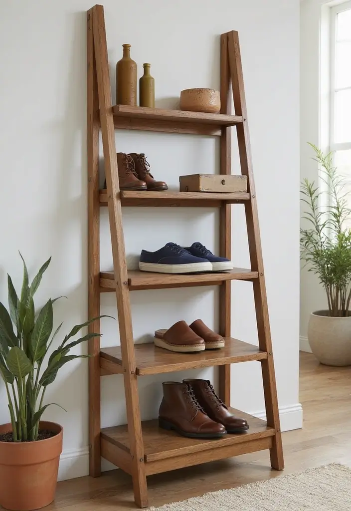 25+ Entryway Shoe Storage Ideas to Keep Things Tidy - 8. Stylish Ladder Racks