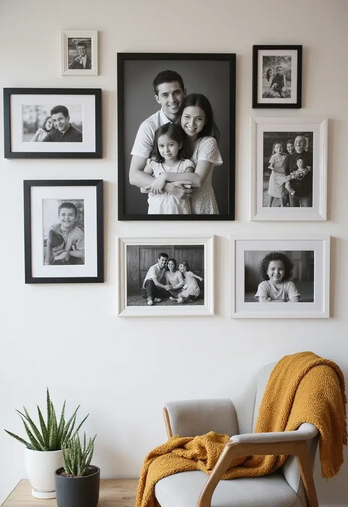 25+ Family Picture Wall Ideas That Tell Your Story - 11. Monochrome with a Splash of Color