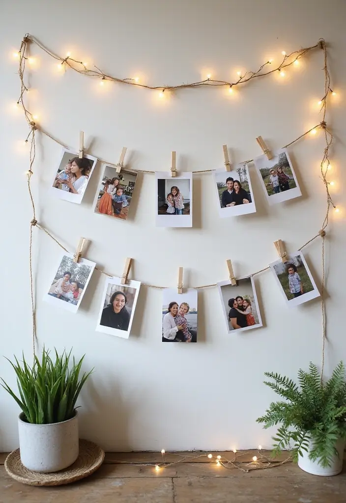 25+ Family Picture Wall Ideas That Tell Your Story - 13. DIY Photo Clips with String