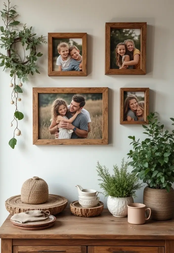 25+ Family Picture Wall Ideas That Tell Your Story - 18. Rustic Wooden Frames