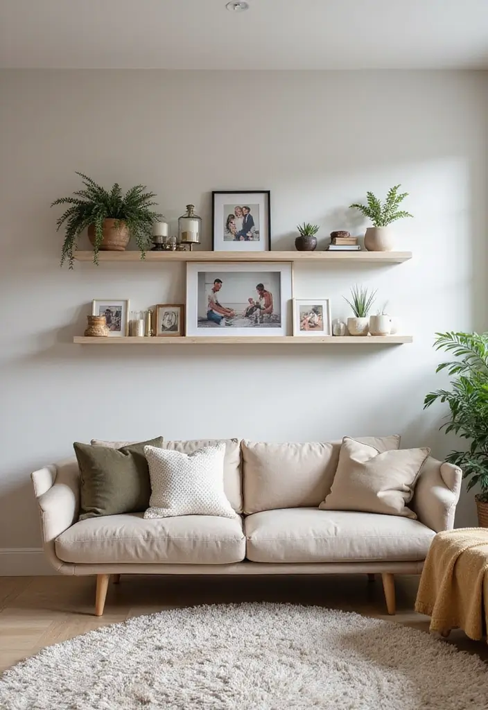 25+ Family Picture Wall Ideas That Tell Your Story - 5. Floating Shelves with Picture Frames