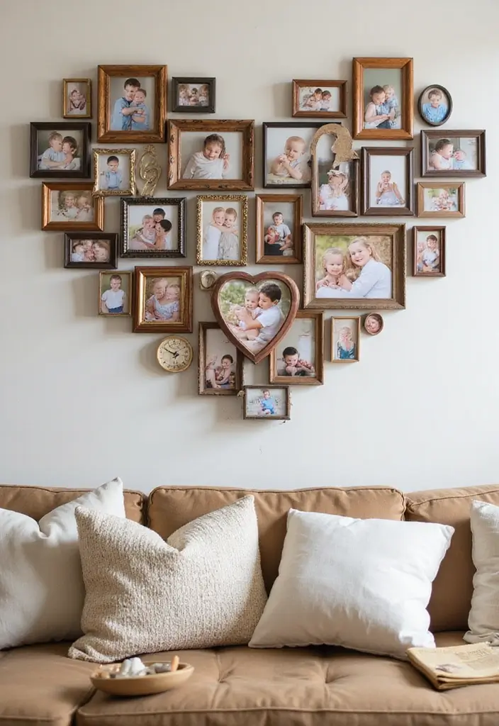 25+ Family Picture Wall Ideas That Tell Your Story - 6. Heart-Shaped Photo Arrangement