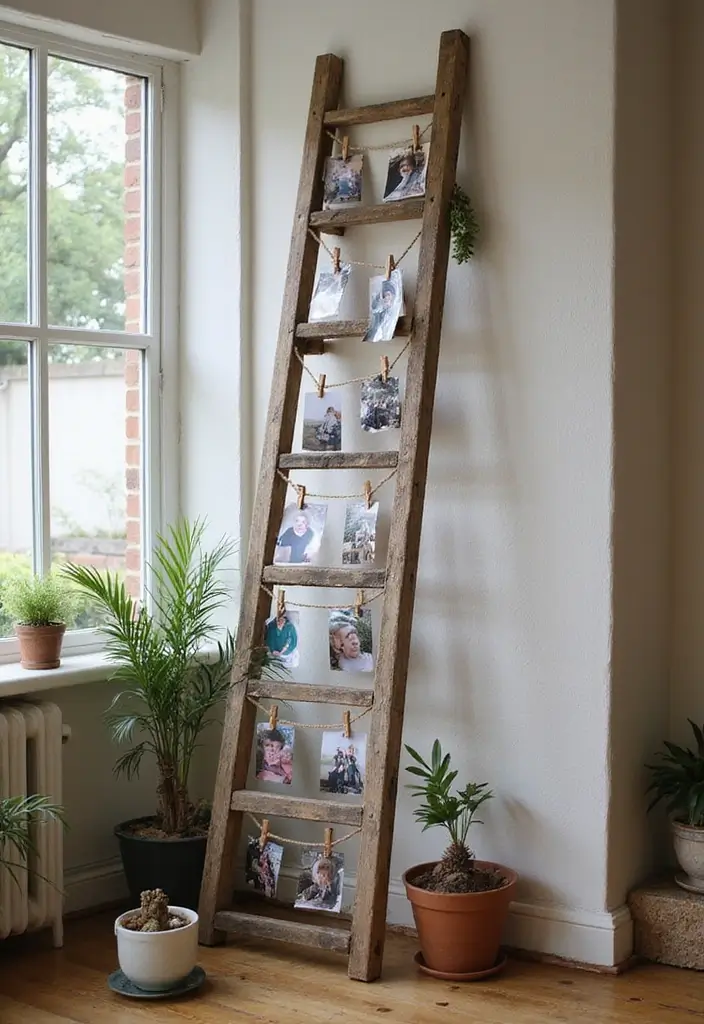 25+ Family Picture Wall Ideas That Tell Your Story - 8. Vintage Ladder Display