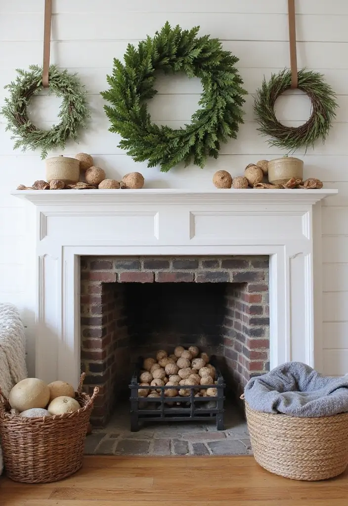 25+ Fireplace Wall Ideas to Create a Warm Focal Point - 24. Seasonal Wreaths