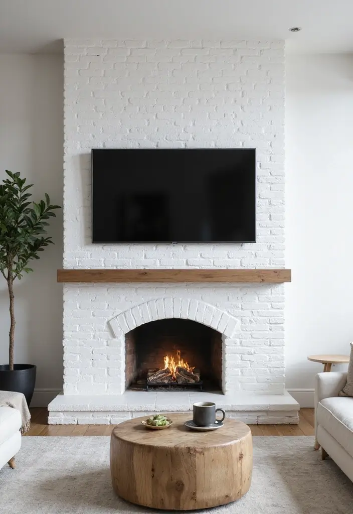 25+ Fireplace Wall Ideas with TV for a Cozy Modern Look - 1. Minimalist White Brick Fireplace