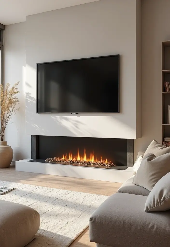 25+ Fireplace Wall Ideas with TV for a Cozy Modern Look - 13. Neutral Palette with Modern Fireplace