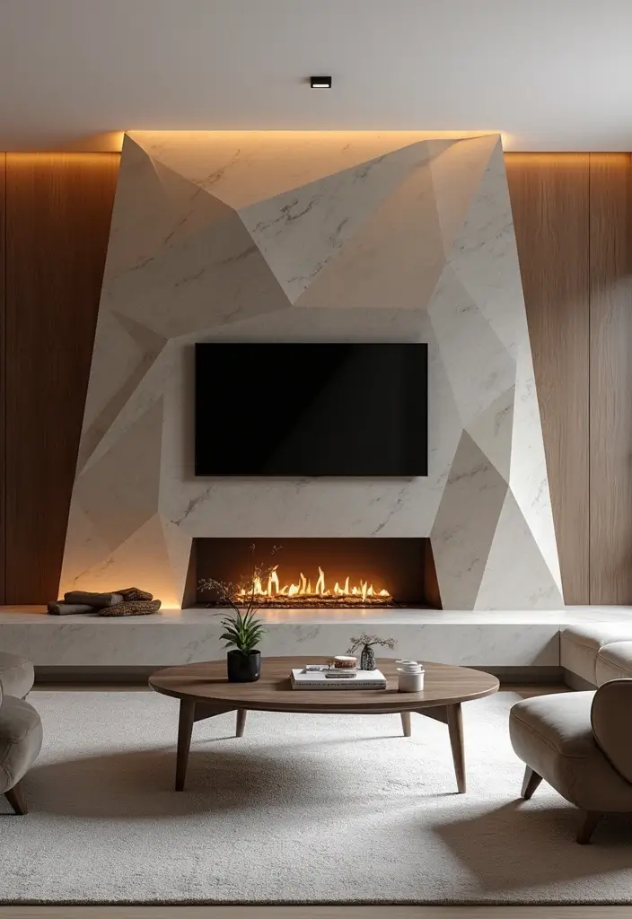 25+ Fireplace Wall Ideas with TV for a Cozy Modern Look - 14. Geometric Fireplace Design