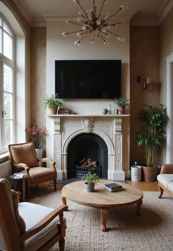 25+ Fireplace Wall Ideas with TV for a Cozy Modern Look - 15. Vintage Meets Modern