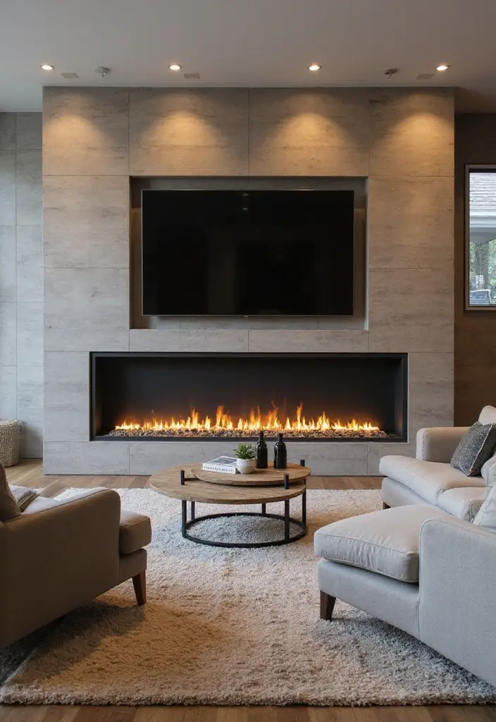 25+ Fireplace Wall Ideas with TV for a Cozy Modern Look - 18. Wall of Fire: Linear Fireplace with TV