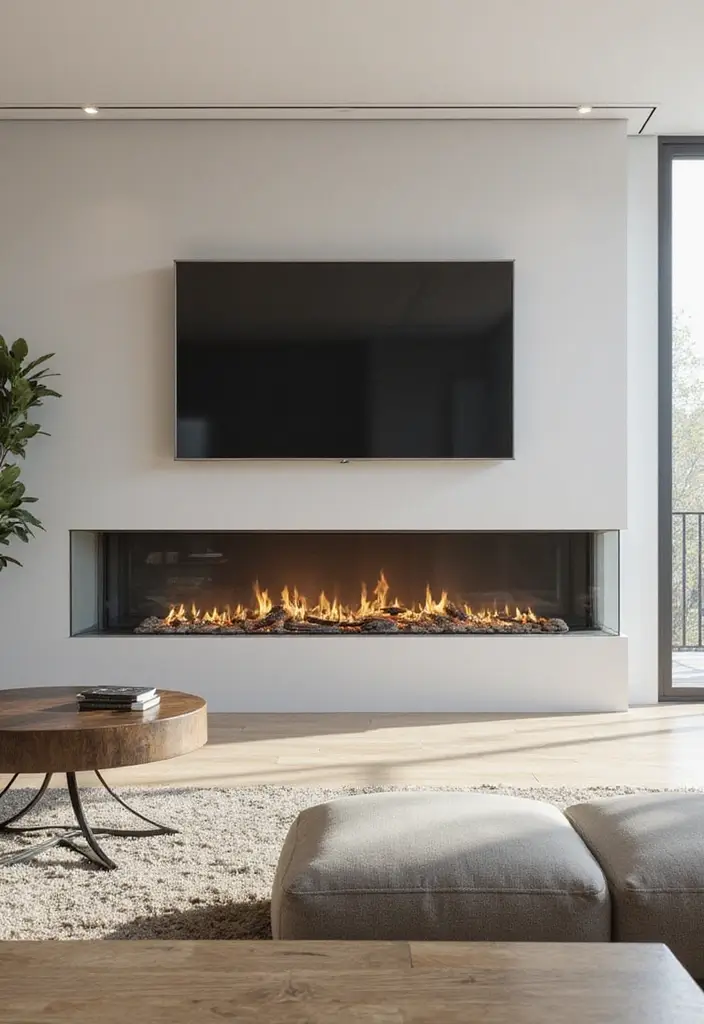 25+ Fireplace Wall Ideas with TV for a Cozy Modern Look - 19. Sleek Glass Fireplace and Mounted TV