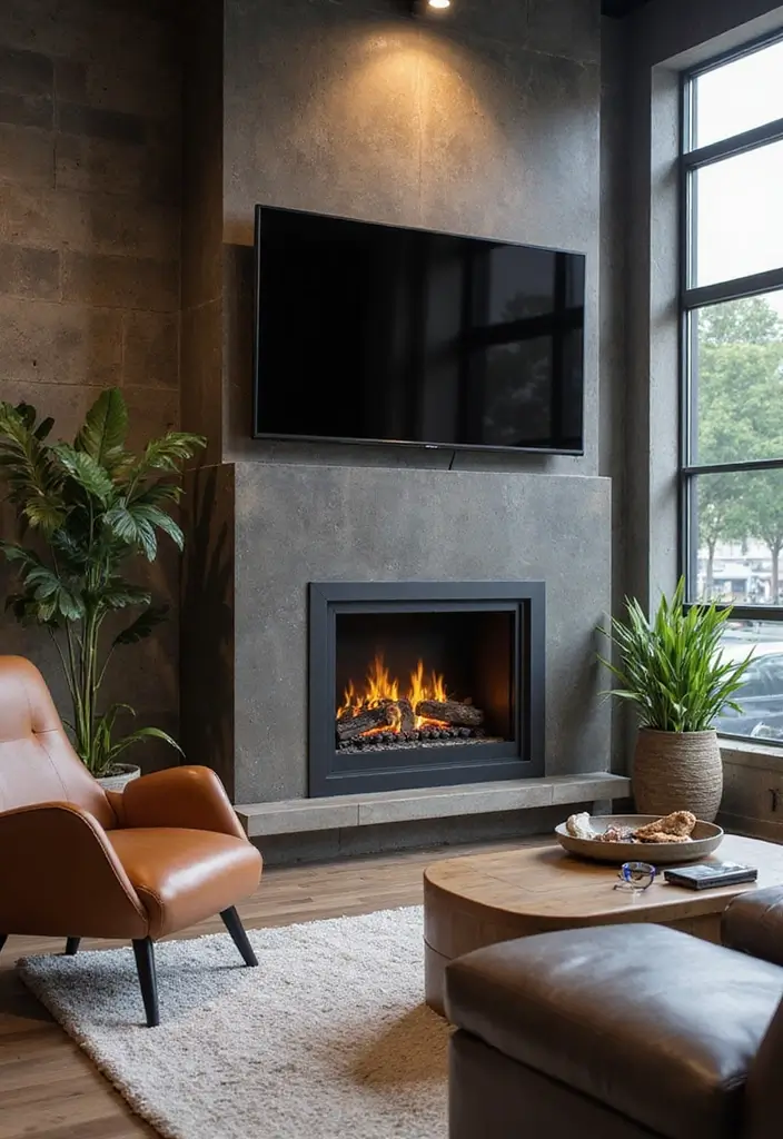 25+ Fireplace Wall Ideas with TV for a Cozy Modern Look - 20. Industrial Chic with Metal Elements