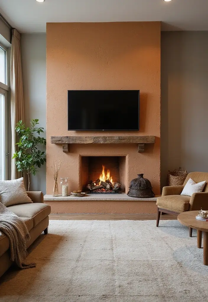 25+ Fireplace Wall Ideas with TV for a Cozy Modern Look - 23. Earthy Tones with a Modern Twist