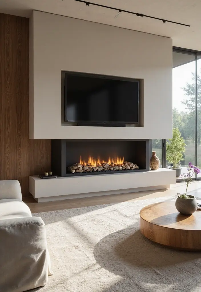 25+ Fireplace Wall Ideas with TV for a Cozy Modern Look - 25. Tranquil Zen-inspired Fireplace and TV