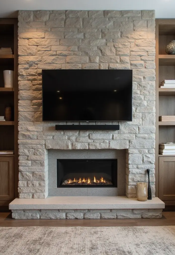 25+ Fireplace Wall Ideas with TV for a Cozy Modern Look - 5. Textured Stone Surround with TV